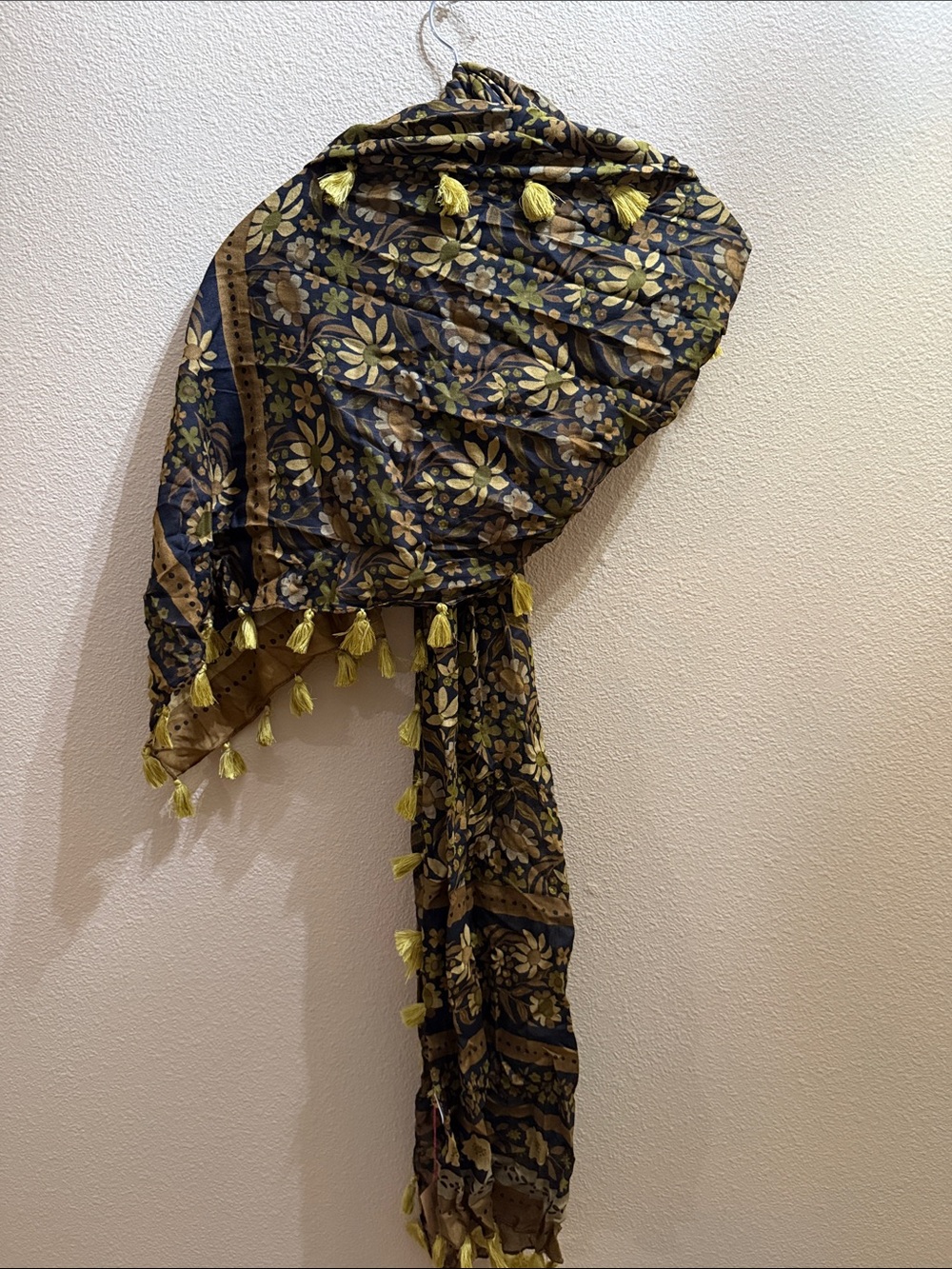 NATURAL LIFE Olive and Black Floral Tassel Wrap Scarf